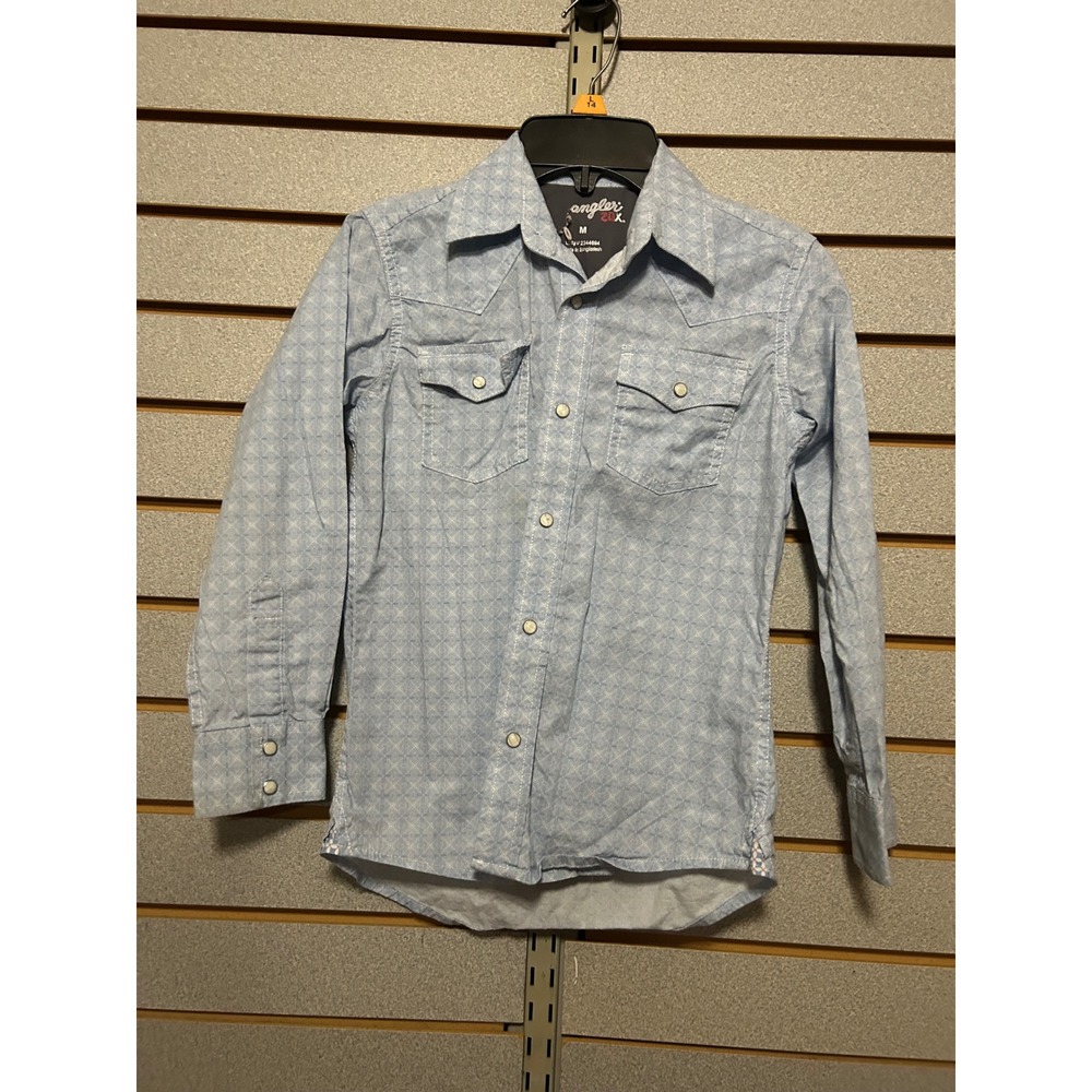 Wrangler 20X Boys Western Snap Shirt Light Blue Geometric Square Pattern Size M